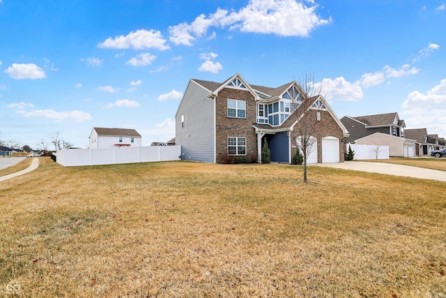 view of front of property featuring a garage, brick siding, fence, concrete driveway, and a front lawn