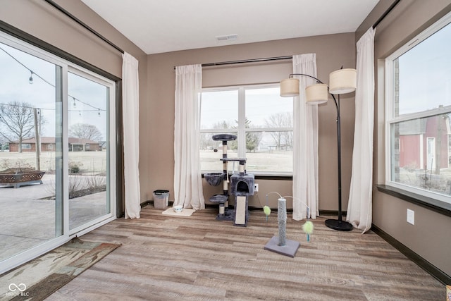 interior space featuring baseboards, visible vents, a wealth of natural light, and wood finished floors