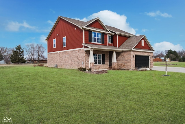 craftsman inspired home featuring an attached garage, brick siding, driveway, and a front lawn