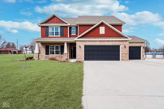 craftsman-style house featuring an attached garage, board and batten siding, concrete driveway, and a front yard