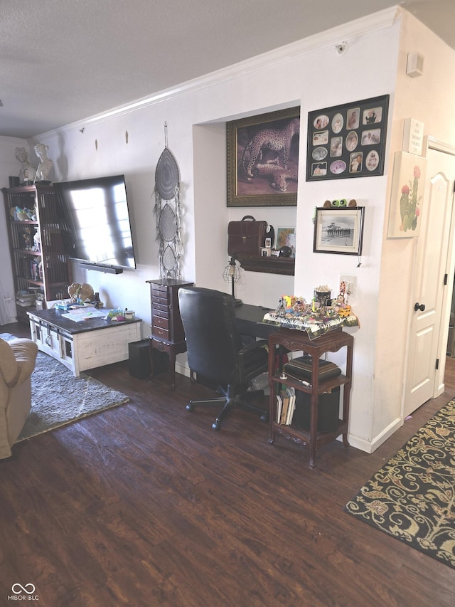 office area featuring ornamental molding and wood finished floors