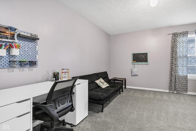 office with carpet floors, baseboards, and a textured ceiling