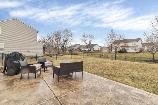 view of patio featuring an outdoor hangout area, grilling area, and fence