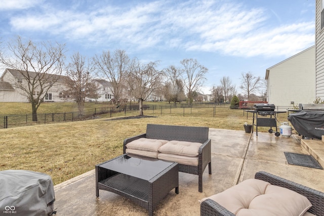 view of patio with a fenced backyard and area for grilling