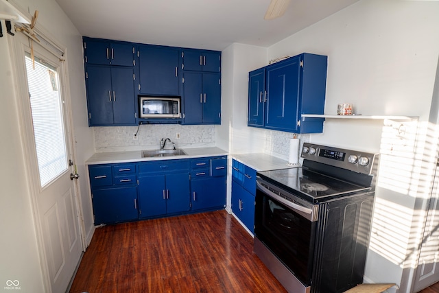 kitchen featuring blue cabinetry, dark wood-style flooring, stainless steel appliances, and a sink