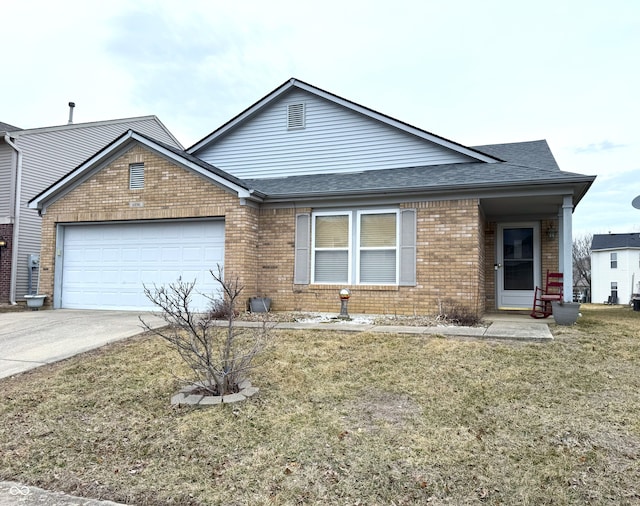 view of front of home featuring a garage, brick siding, driveway, roof with shingles, and a front lawn