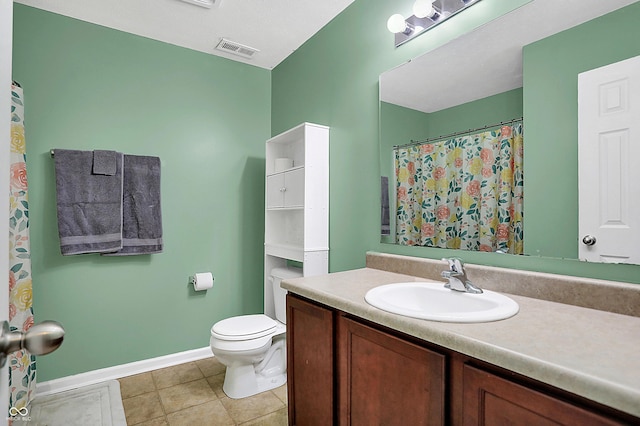 full bath featuring baseboards, visible vents, toilet, tile patterned floors, and vanity