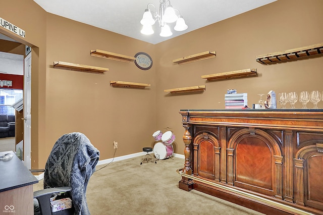 office with a chandelier, carpet, and baseboards