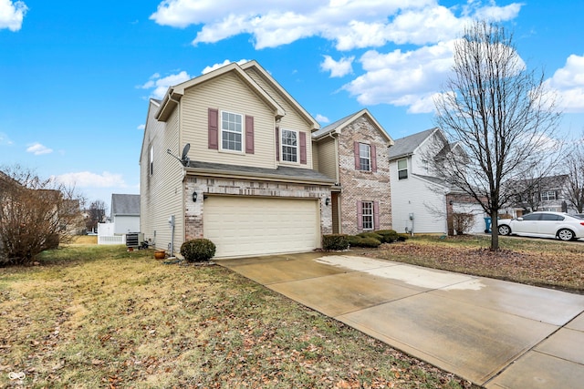 traditional home with an attached garage, central AC, driveway, and brick siding