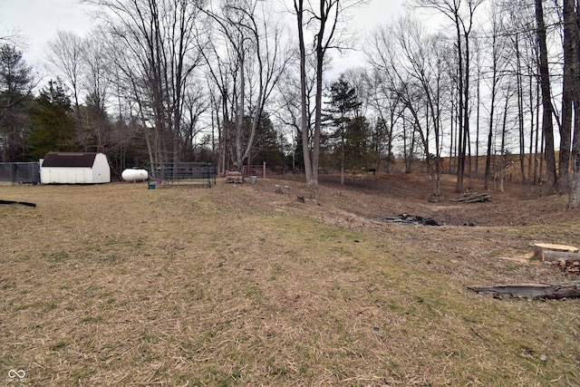 view of yard with a storage unit, an outdoor structure, and fence