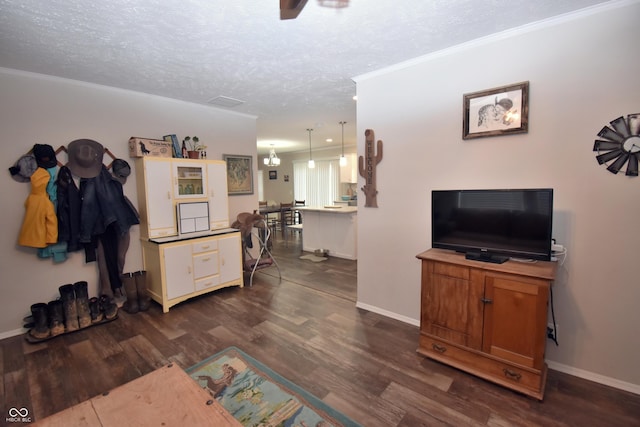 living area featuring dark wood-type flooring, crown molding, a textured ceiling, and baseboards