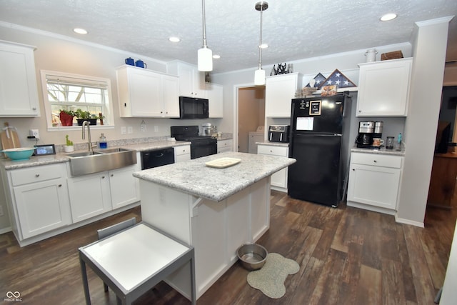 kitchen with dark wood-type flooring, white cabinets, a kitchen island, a sink, and black appliances