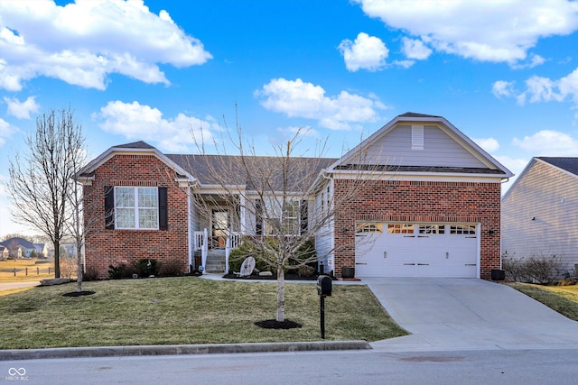 ranch-style house featuring a front lawn, a porch, concrete driveway, an attached garage, and brick siding