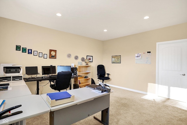 office area featuring recessed lighting, baseboards, and carpet floors