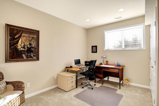 home office featuring recessed lighting, visible vents, light colored carpet, and baseboards