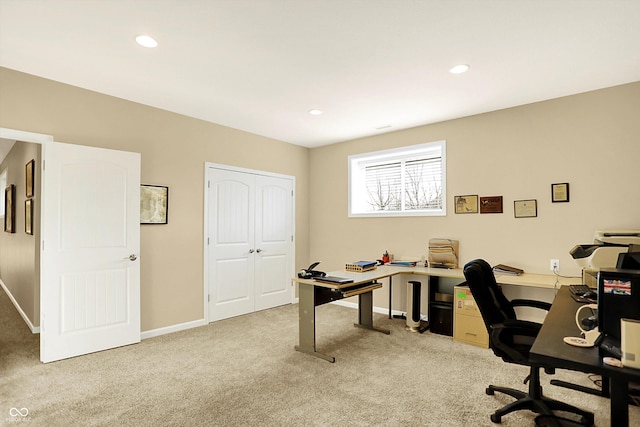 office area featuring carpet flooring, recessed lighting, and baseboards