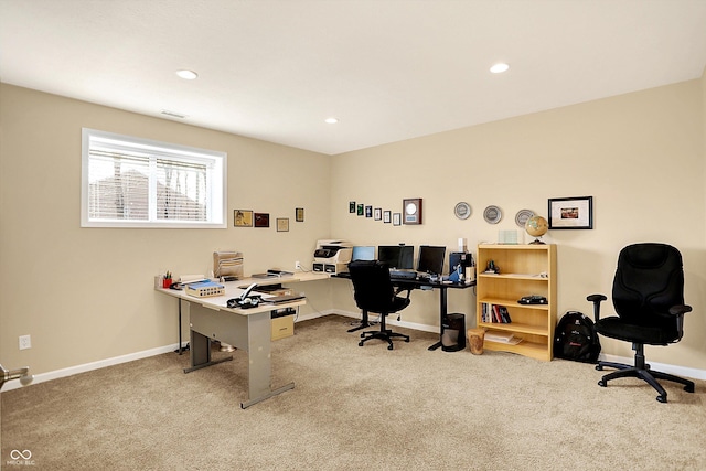 office with recessed lighting, baseboards, and carpet