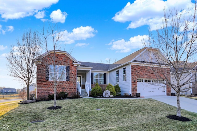 single story home featuring brick siding, a garage, driveway, and a front yard