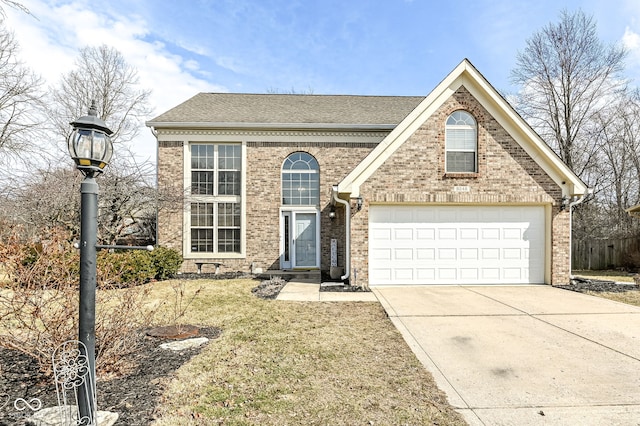 traditional-style home with a garage, concrete driveway, brick siding, and roof with shingles