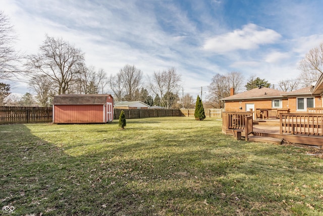 view of yard featuring a storage shed, a deck, an outdoor structure, and a fenced backyard