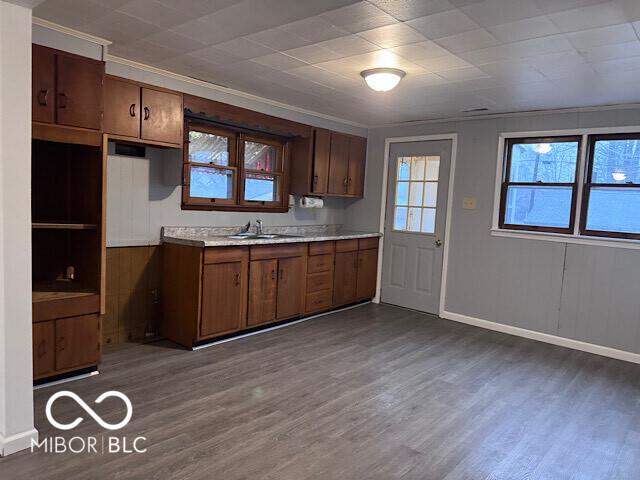 kitchen with dark wood-style flooring, a sink, baseboards, light countertops, and ornamental molding