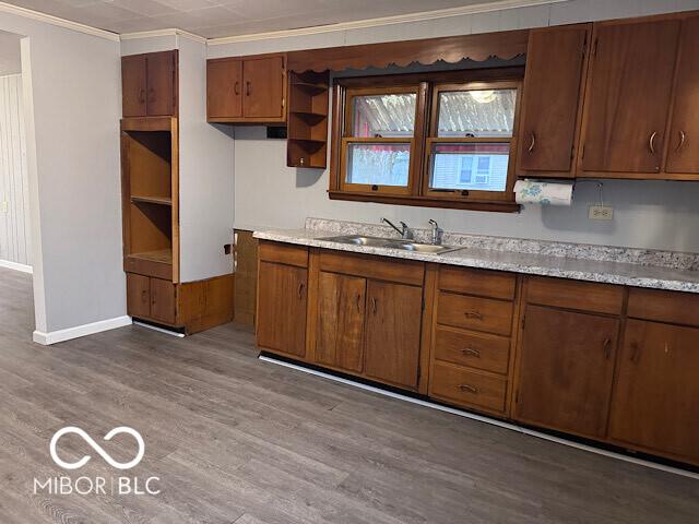 kitchen with light countertops, wood finished floors, open shelves, and a sink