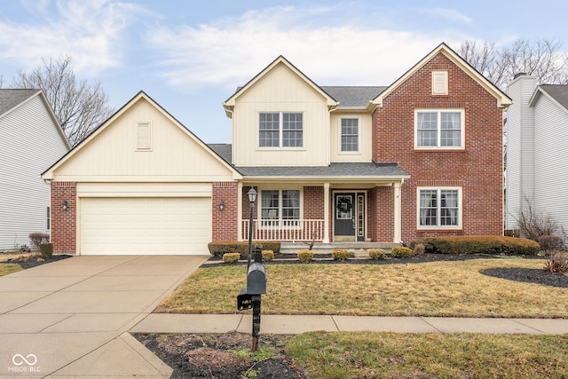 traditional-style home with a garage, covered porch, brick siding, driveway, and a front lawn