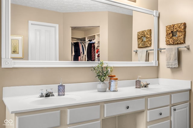 bathroom featuring double vanity, a textured ceiling, a walk in closet, and a sink