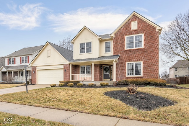 traditional home featuring driveway, covered porch, a front lawn, and brick siding