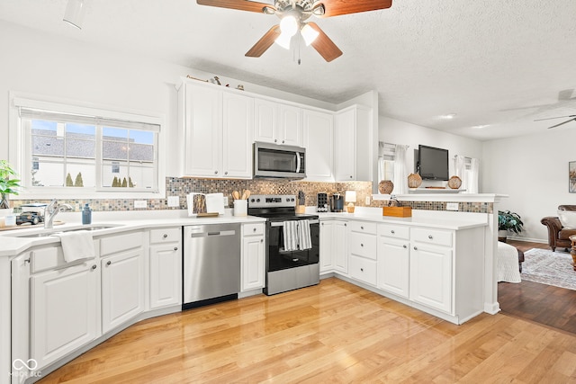 kitchen featuring ceiling fan, stainless steel appliances, a peninsula, a sink, and backsplash