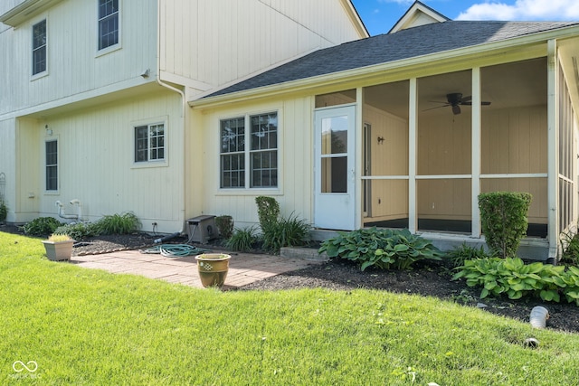 11866 Weathered Edge Dr, Fishers, IN 46037 - back of house with a shingled roof, a lawn, a patio area, a sunroom, and a ceiling fan
