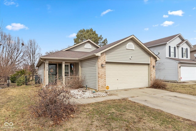 view of front of home featuring brick siding, a porch, concrete driveway, fence, and a garage