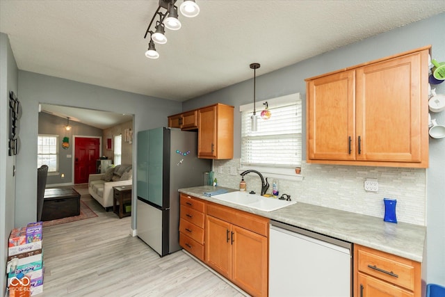 kitchen with a sink, light countertops, a wealth of natural light, freestanding refrigerator, and dishwasher