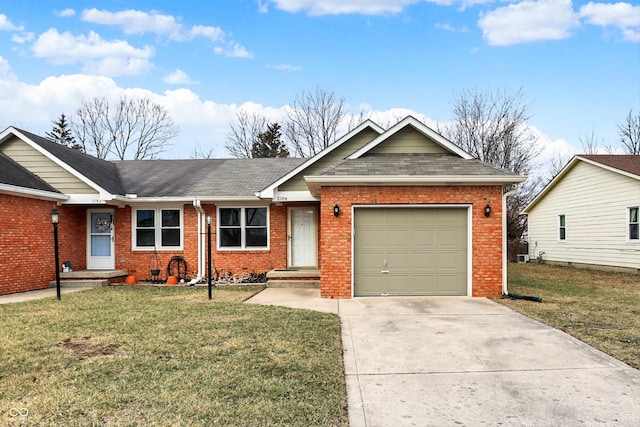 single story home featuring a garage, brick siding, a shingled roof, concrete driveway, and a front yard