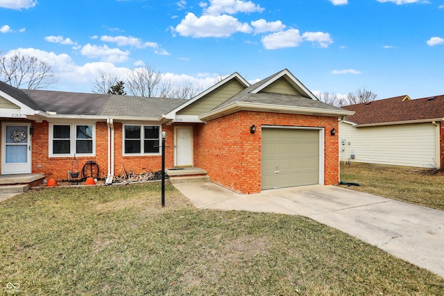 ranch-style house featuring brick siding, a shingled roof, a front yard, a garage, and driveway