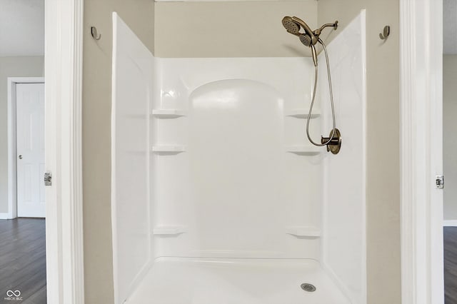 bathroom featuring wood finished floors and a walk in shower