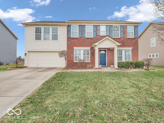 view of front of property with a garage, a front yard, concrete driveway, and brick siding