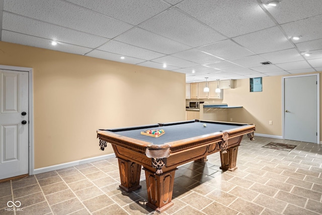 game room with visible vents, recessed lighting, baseboards, pool table, and a paneled ceiling