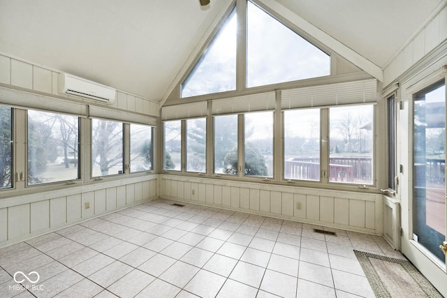 unfurnished sunroom featuring vaulted ceiling, a wall mounted air conditioner, and visible vents