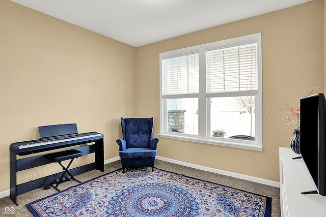 living area with baseboards, carpet, and a healthy amount of sunlight