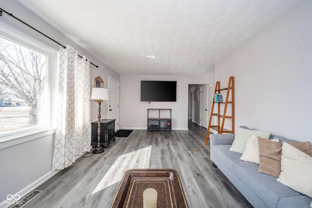 living area with a healthy amount of sunlight, visible vents, and wood finished floors