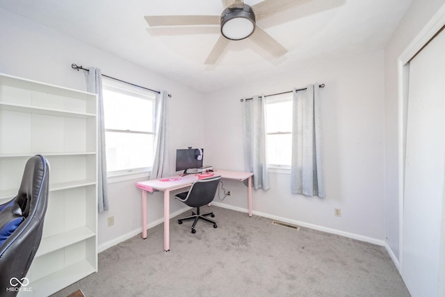 home office with a wealth of natural light, baseboards, visible vents, and carpet flooring