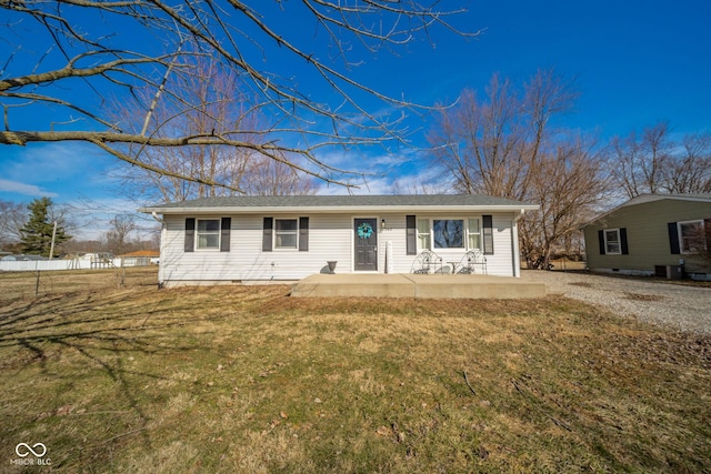 single story home with a front lawn, crawl space, and cooling unit