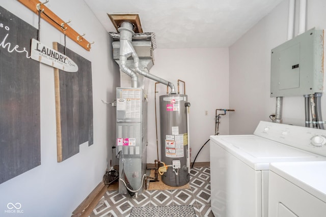 washroom with laundry area, electric panel, washing machine and clothes dryer, heating unit, and water heater