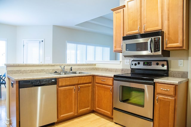 kitchen with a sink, appliances with stainless steel finishes, plenty of natural light, and a peninsula