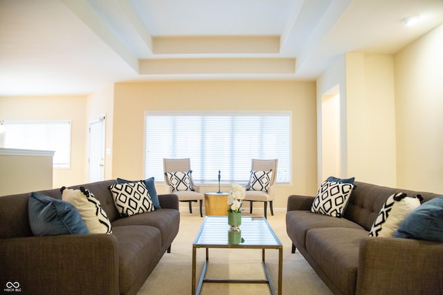 living room with a wealth of natural light and light carpet