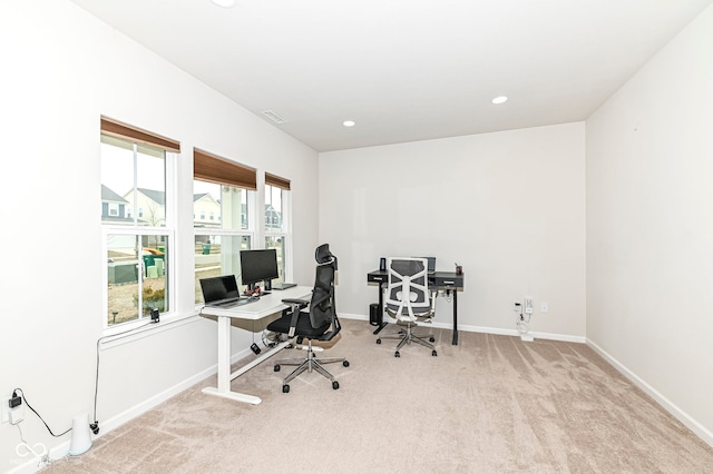 carpeted home office with baseboards, visible vents, and recessed lighting