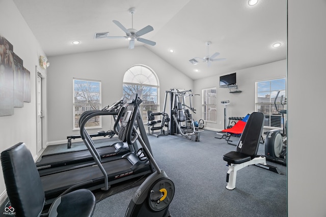 workout area with baseboards, visible vents, a ceiling fan, vaulted ceiling, and recessed lighting