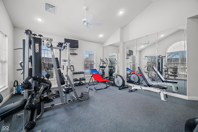 gym with ceiling fan, recessed lighting, visible vents, baseboards, and vaulted ceiling