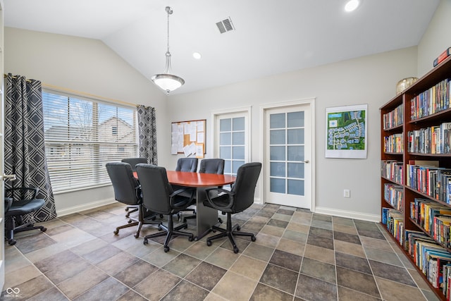 office with baseboards, visible vents, vaulted ceiling, and recessed lighting